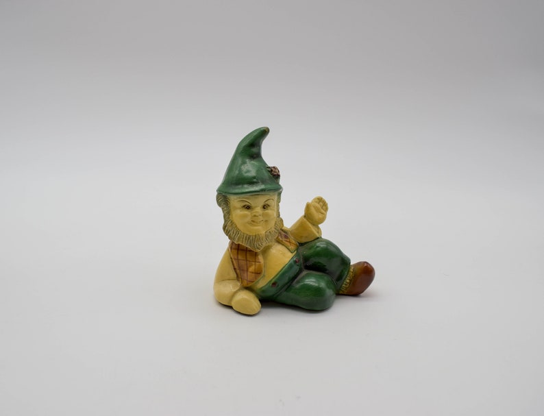 vintage Pair of Devon Ware by Kahane gnome figurines, vintage hand painted chalkware elf figurines, vintage seated gnome figurines image 3