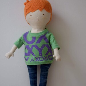 Handmade fabric art doll, one of a kind boy rag doll, redhead cloth boy doll, Upcycled textiles rag doll image 5