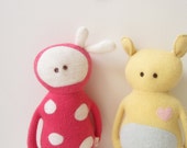 Critter Doll PolkaDots Soft toy OOAK Upcycled wool sweater unique Hot Pink soft  wool& white fuzzy sweaters baby shower gift  eco toy