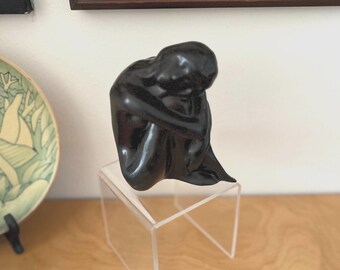 vintage hand carved black stone nude seated woman sculpture