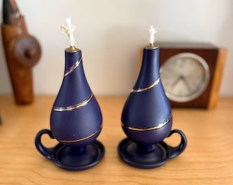 Vintage Krosno Poland Purple Satin Glass Oil Lamps, Hand Blown Pair