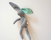 Small stuffed Rabbit Bunny hare doll fabric baby shower gift toddler grey wool green cotton OOAK upcycled eco toy spring gift idea bubynoa
