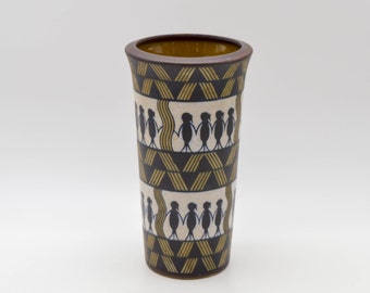 Vintage Saura Warli tribal art pottery ceramic vase, vintage tribal ceramic art tall vase, Warli tribal art home decor