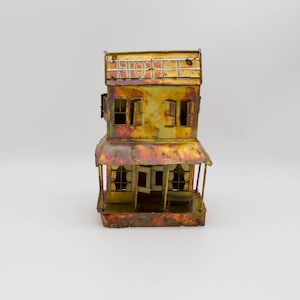 Vintage Tin copper finish art house sculpture, mid century metal wall art sculpture, Vintage brutalist tin copper wall art house sculpture