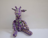 Stuffed Giraffe doll Eco friendly Vintage wool fabric unisex plaid soft fabric toy upcycled sweet Heirloom gift idea bubynoa Best Friend