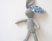 Small Bunny Rabbit hare doll soft fabric doll baby toddler grey wool vintage Paisley fabric  OOAK upcycled eco-friendly bubynoa Best Friend
