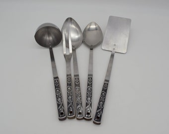 set of Vintage stainless steel and wood decorated serving utensils, Mid century Stainless steel and wood flower decorated utensils set