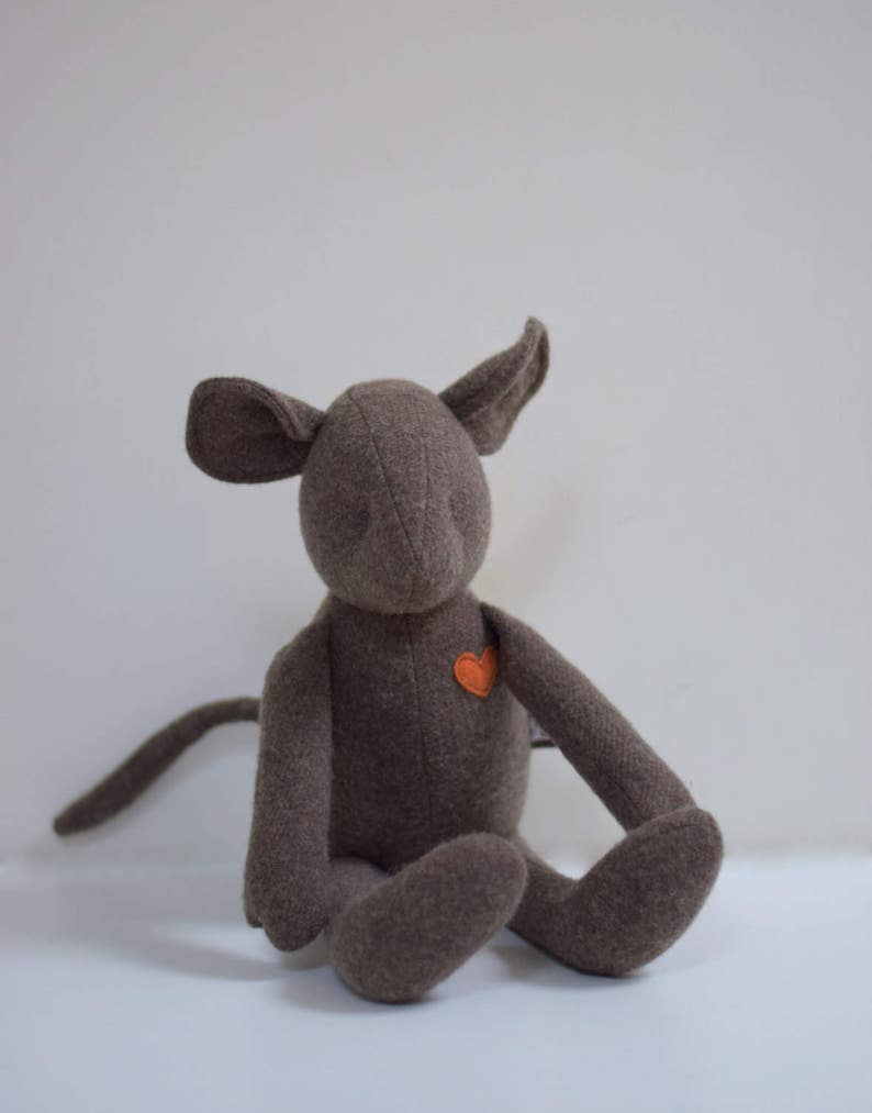 Handmade Mouse doll, stuffed animal doll, eco toy, upcycled vintage chocolate brown wool mouse, soft gift idea baby shower image 3