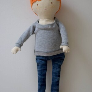 Handmade fabric art doll, one of a kind boy rag doll, redhead cloth boy doll, Upcycled textiles rag doll image 4