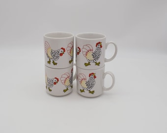 Vintage set of 4 Eversberg West Germany rooster mugs, vintage Eversberg set of 4 Rooster kids mugs, Vintage rooster mugs