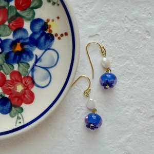 Blueberry Earrings with natural pearl, Lampwork beads earrings, handmade glass earrings