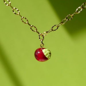 Red Apple Pendant Necklace, Lampwork Glass Necklace, Handmade Glass Jewelry, Sweet Jewelry, Fruit Necklace