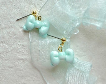 Mint Ribbon  Earrings, Bow tie Earrings, Lampwork Earrings, Handmade