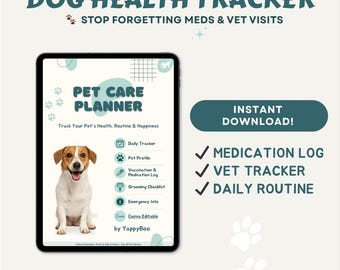 Dog Health Tracker, Pet Medication Log, Vet Visit Planner (Canva Editable)