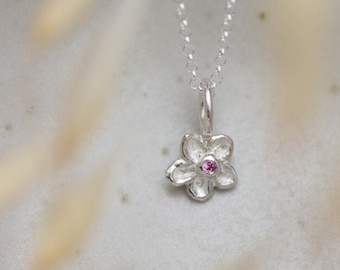 Garnet Silver Flower Necklace with Pink Rhodolite Garnet centre for January Birthday