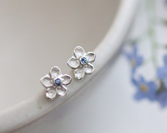 Forget-Me-Not Earrings - Flower Studs - Sterling Silver and Sapphire - with Star Detail on the back