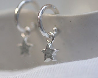 Silver Star Hoops / Sterling Silver Star Huggies / Small Hoops With Removable Dangles/ Christmas Earrings