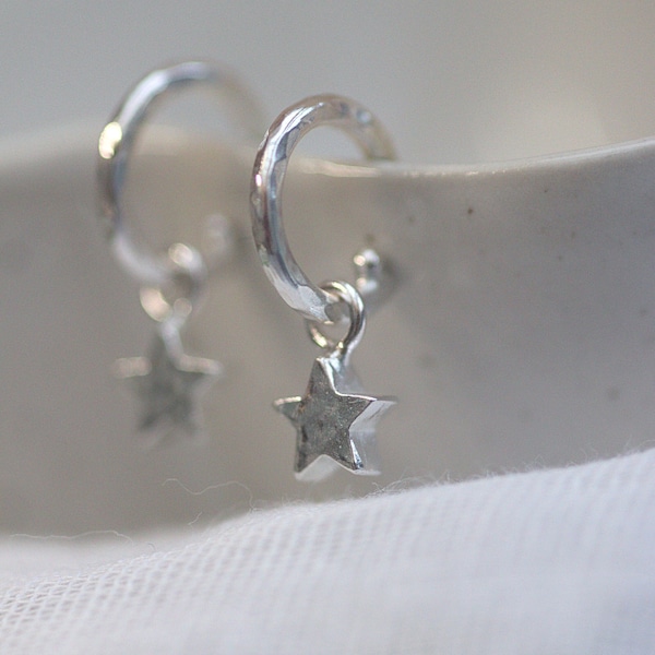 Hammered Sterling Silver Star Huggie Hoops: Removable Dangles