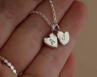 Personalised Silver Heart Charm Necklace // Recycled Sterling Silver Heart Charms Each Unique and Stamped With an Initial