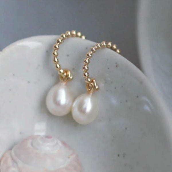 9ct Gold Beaded Hoop Earrings with Pearl Drops
