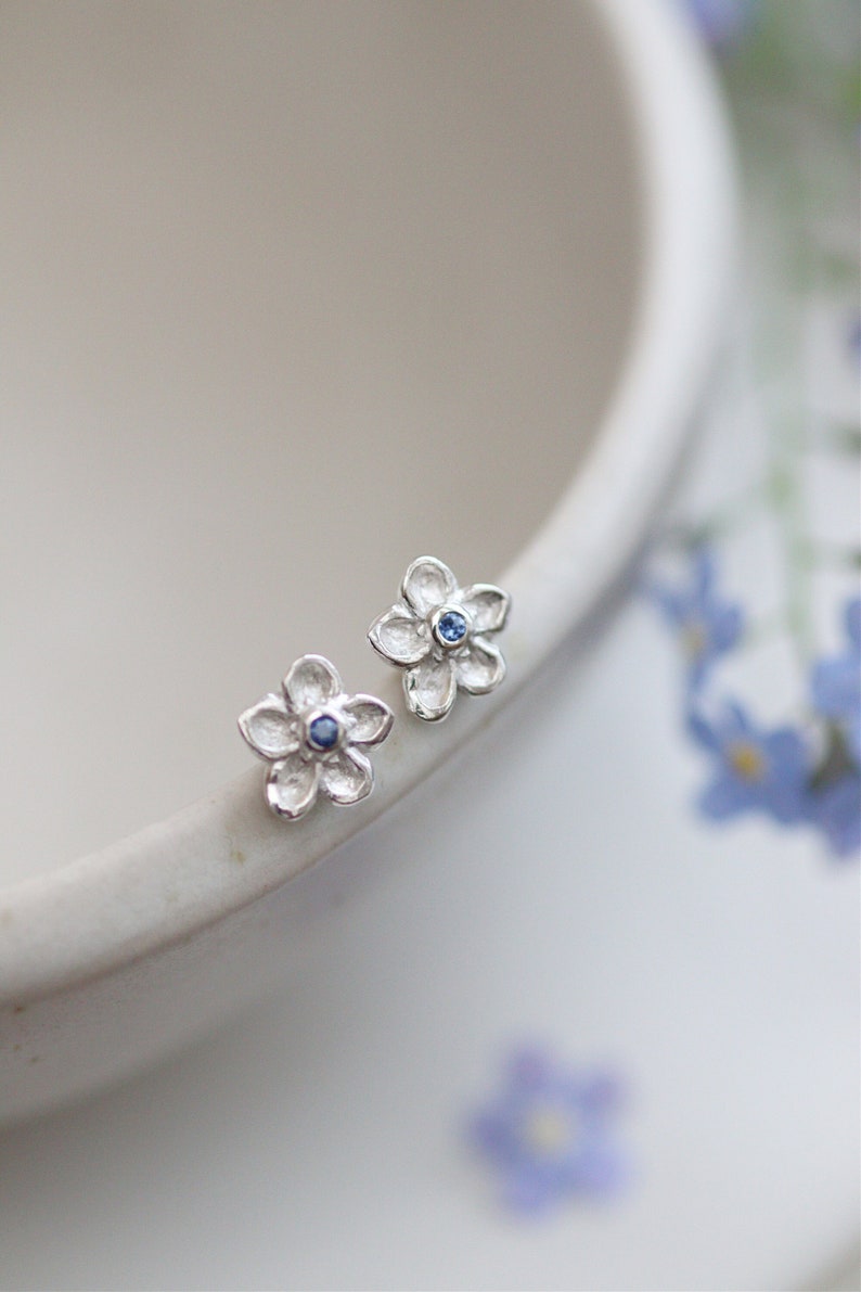 Forget-Me-Not Earrings Flower Studs Sterling Silver and Sapphire with Star Detail on the back image 1