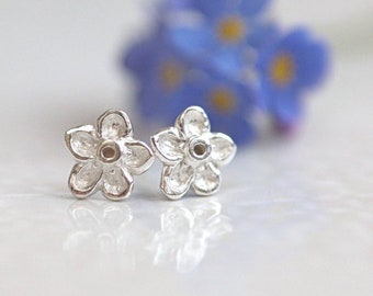 Silver Forget-Me-Not Earrings - Pretty little Flower Studs in Sterling Silver - with Star Detail on the back