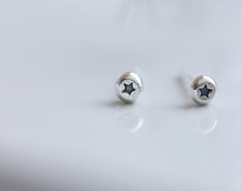 Tiny Star Studs / Christmas Earrings / Recycled Sterling Silver Dot Earrings with a Star Impression / Cute Studs for second piercing