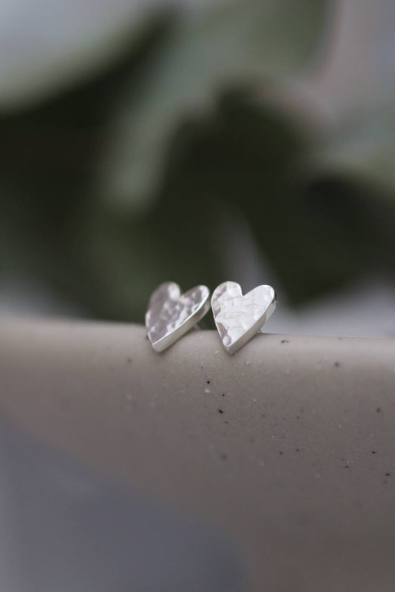 Silver Heart Studs, Solid Silver Earrings With Hammered