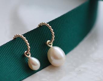 Solid Gold Beaded Hoops With Pearl Drops / 9ct Gold Bridal Earrings / Small Hoops With Studs