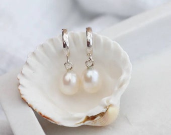 Sterling Silver Pearl Drop Hoop Earrings / Princess of Wales Inspired Huggie Earrings