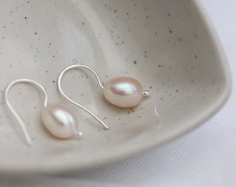 Minimalist Pearl Drop Earrings: Recycled Silver Hooks