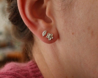 Autumnal Earrings / Leaf Studs/  Sterling Silver Asymmetrical Earrings