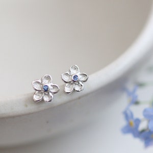 Forget-Me-Not Earrings Flower Studs Sterling Silver and Sapphire with Star Detail on the back image 5