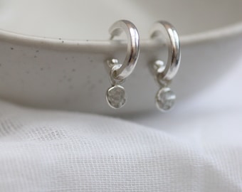 Silver Huggie Hoops / Hoop Earrings with Dangles / Small Hoops With Removable Hammered Drops