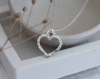 Silver Heart Necklace, Chunky Hammered Heart in Recycled Silver, Romantic Gift for Wife, Thoughtful Jewellery for Mum