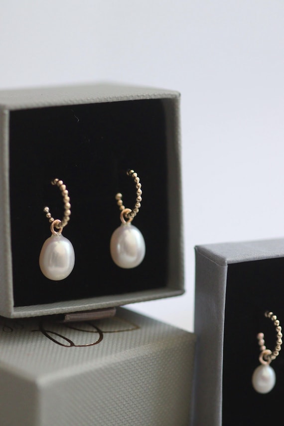 9ct Gold Beaded Hoop Earrings with Pearl Drops