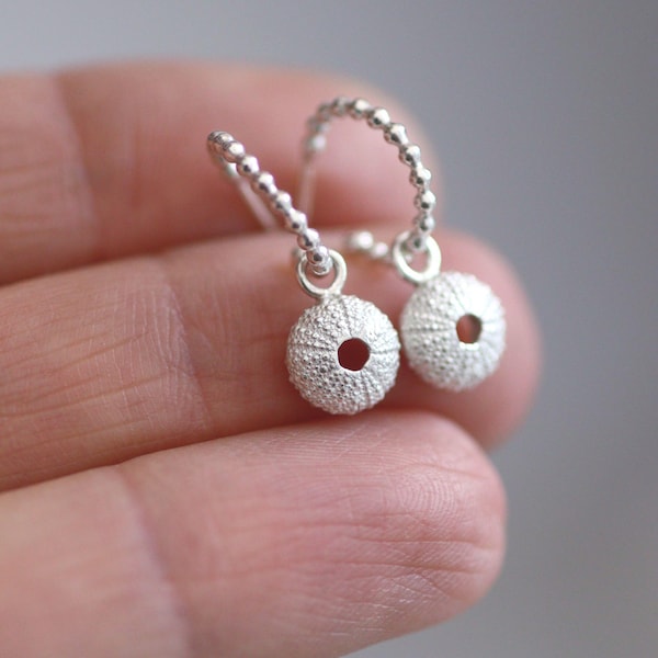 Silver Sea Urchin Earrings, Recycled Silver Huggie Hoops