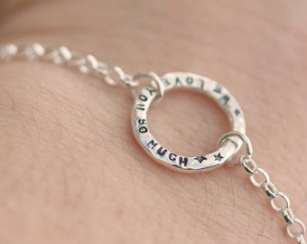 We love you so much /Silver circle chain bracelet / Hand Stamped with a phrase, names, dates