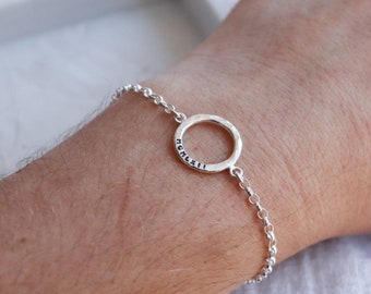 Silver circle chain bracelet / Hand Stamped with an affirmation, names, dates