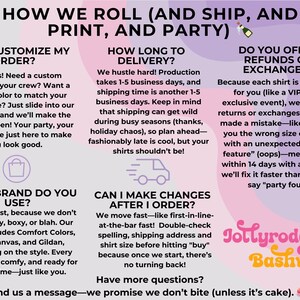 May include: A promotional graphic with text in purple, pink, and yellow. The text includes information about custom orders, delivery times, refunds, and the brands used. The Jollyrodgers Bashwear logo is also visible.