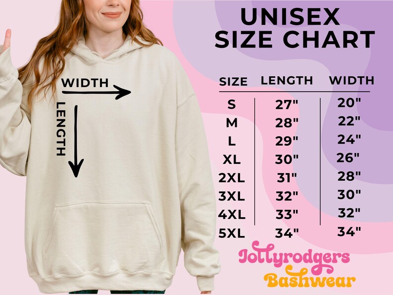 May include: A cream-colored unisex hoodie with a front pocket. The image includes a size chart with measurements in inches for sizes S through 5XL. The text "UNISEX SIZE CHART" is at the top, with the Jollyrodgers Bashwear logo at the bottom.