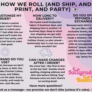 K&ouml;nnte beinhalten: Eine Werbegrafik mit Text auf einem lila und rosa Hintergrund. Der Text enth&auml;lt Informationen &uuml;ber die Anpassung von Bestellungen, Lieferzeiten, R&uuml;ckerstattungen und die verwendeten Marken. Das Jollyrodgers Bashwear-Logo ist ebenfalls sichtbar.
