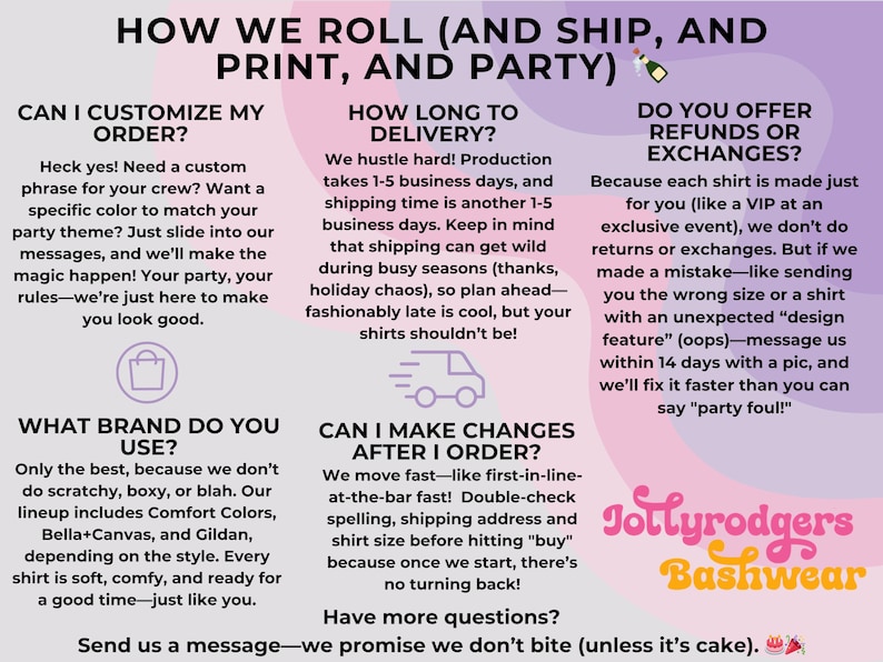 K&ouml;nnte beinhalten: Eine Werbegrafik mit Text auf einem lila und rosa Hintergrund. Der Text enth&auml;lt Informationen &uuml;ber die Anpassung von Bestellungen, Lieferzeiten, R&uuml;ckerstattungen und die verwendeten Marken. Das Jollyrodgers Bashwear-Logo ist ebenfalls sichtbar.