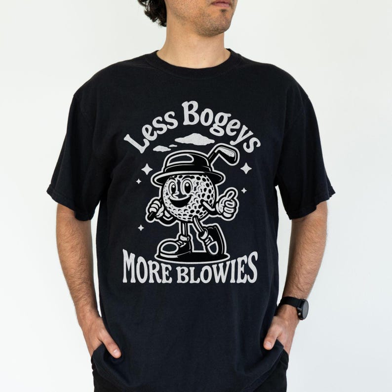 man standing wearing black comfort colors shirt that says less bogeys more blowies with a graphic of a golf ball cartoon holding a club wearing a hat
