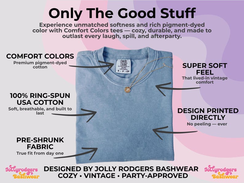 K&ouml;nnte beinhalten: Ein hellblaues Comfort Colors T-Shirt mit einer goldenen Anh&auml;nger-Halskette. Das Shirt besteht aus 100 % ringgesponnener USA-Baumwolle und vorgeschrumpftem Stoff. Der Text auf dem Bild lautet "Only The Good Stuff".