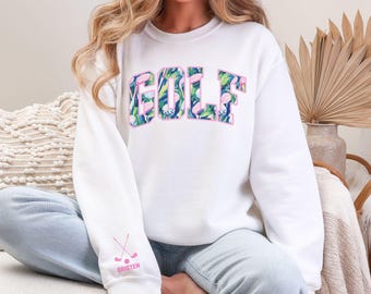 Custom Golf Women Sweatshirt, Personalized Lady Golfer Crewneck, Floral Golf Sweater, Custom Name Sleeve Print Crewneck, Golfing Wife Gift