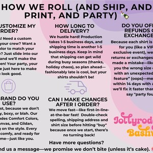 May include: A promotional graphic with text on a purple and pink background. The text details customization options, delivery times, brand information, and refund policies. The Jollyrodgers Bashwear logo is at the bottom.