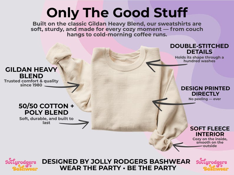 K&ouml;nnte beinhalten: Cremefarbenes Gildan Heavy Blend Sweatshirt. Merkmale sind doppelt gen&auml;hte Details, ein weiches Fleece-Innenfutter und ein direkt auf den Stoff gedrucktes Design. Hergestellt aus einer 50/50 Baumwoll- und Poly-Mischung. Der Text auf dem Bild lautet "Only The Good Stuff".