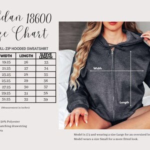 May include: Size chart for a unisex full-zip hooded sweatshirt. The chart shows the width, length, and sleeve length in inches for sizes S through 4XL. The chart also includes the fabric composition: 50% cotton, 50% polyester. The chart also mentions that the sweatshirt has a hood with a matching drawstring and pouch pockets.