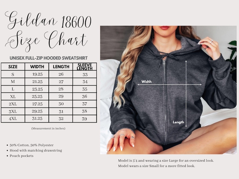 May include: Size chart for a unisex full-zip hooded sweatshirt. The chart shows the width, length, and sleeve length in inches for sizes S through 4XL. The chart also includes the fabric composition: 50% cotton, 50% polyester. The chart also mentions that the sweatshirt has a hood with a matching drawstring and pouch pockets.